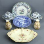 Various Victorian pottery dinner ware, Crown Devon blush pottery and a Spode bowl. UK Postage £20.