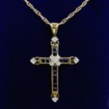 9 carat gold Sapphire and Diamond pendant and chain, 2.7 grams. Cross 35 mm. UK Postage £12.