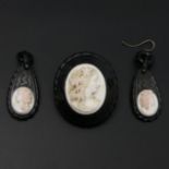 Victorian French Jet and carved Coral cameo brooch and earrings. Brooch 45 x 39 mm. UK Postage £12.