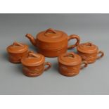 Chinese Yiixing Period terracotta tea set of bamboo design. Teapot 10cm high x 22cm long. UK Postage