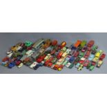 A box of mostly Dinky die cast vehicles in played with condition. UK Postage £20.