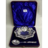 Edwardian James Dixon and Sons pierced silver bowl and matching spoon in a plush lined case,