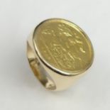 9 carat gold 1912 1/2 sovereign set ring, 11.2 grams. Size M 1/2. 21.4 mm wide. UK Postage £12.