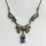 Sterling silver marcasite, amethyst necklace and matching earrings, 13.4 grams. UK Postage £12.