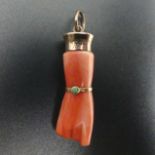 Antique gold mounted carved coral hand design pendant, 40mm long. UK Postage £12.