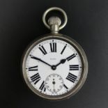 Late Victorian nickel cased 8 day pocket watch, 74 x 52 mm. UK Postage £12.