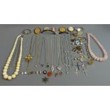 A box of costume and other jewellery, including a coral bead necklace, a rose quartz example, silver