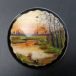 Scandinavian large sterling silver and enamel sunset scene brooch, 24.5 grams. 4.5 cm in diameter.