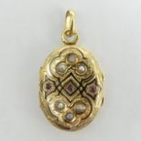 18ct gold enamel, seed pearl and ruby locket pendant, 6.2 grams. 36 mm x 19 mm. UK Postage £12.