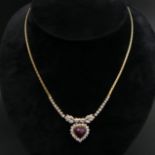 18ct gold Ruby heart cabochon and diamond necklace, 18 grams. 42 cm long, Ruby 10 mm wide. UK