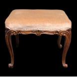 A Victorian walnut cabriolet legged stool. 52 w x 38 d x 43 h. Collection only.