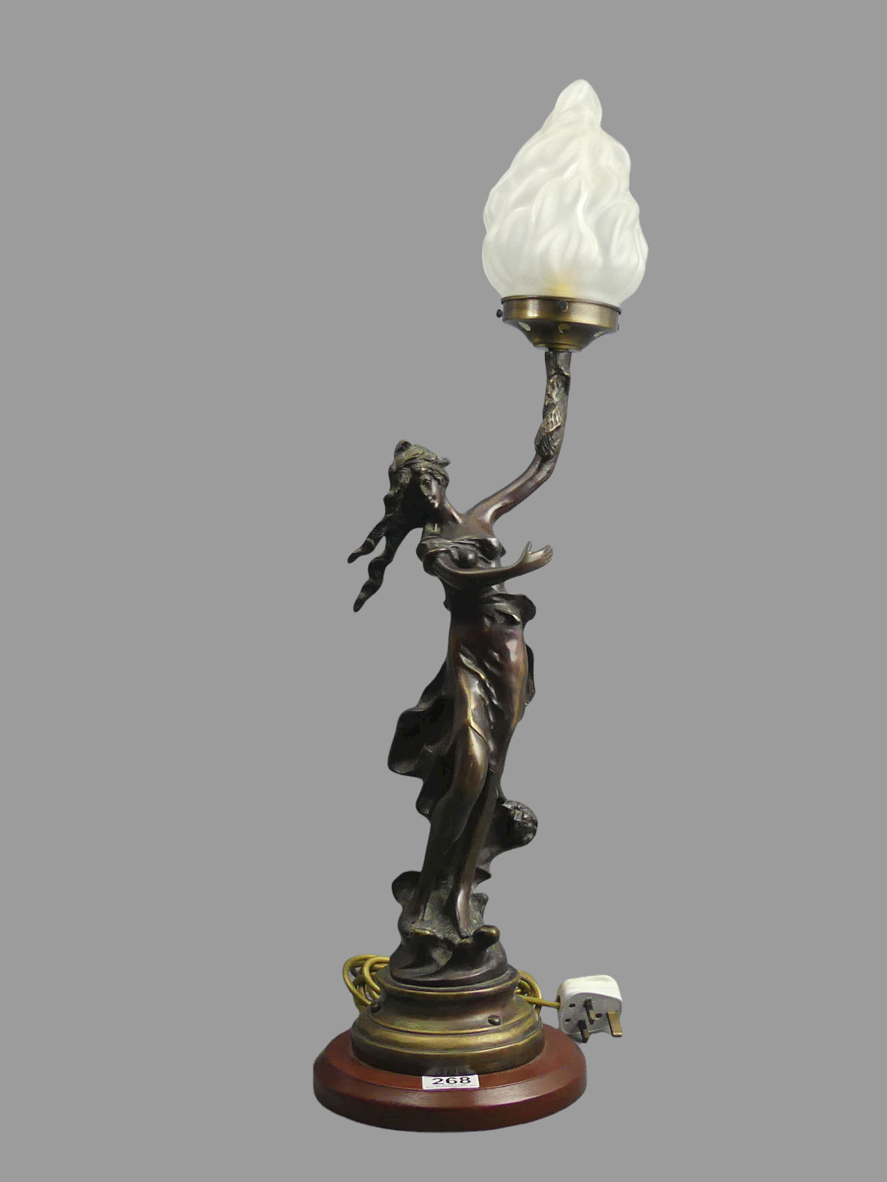 Bronze Art Nouveau style figural lamp with a glass flame shade. 75 cm. UK Postage £30. - Image 5 of 5