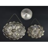 Two silver wall mirrors and a silver and glass powder bowl, Birmingham 1929. Large mirror 16 cm