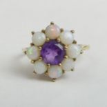 9 carat gold amethyst and opal cluster ring, 2.4 grams. Size N 1/2, 14.7 mm wide. UK Postage £12.