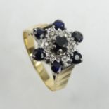 9ct gold vintage sapphire and diamond ring, 3.8 grams. Size T 1/2, 14.7 mm wide. UK Postage £12.