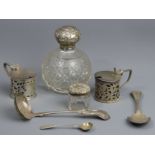 Victorian silver sifter spoon, mustard spoon, two silver drum form mustard pots, preserve spoon,