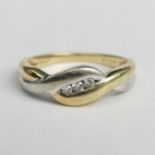 9 carat yellow and white gold diamond ring, 2.9 grams. Size L 1/2, 6mm wide. UK Postage £12.