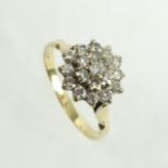 9 carat gold diamond cluster ring, 2.5 grams. Size P, 11 mm wide. UK Postage £12.