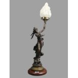 Bronze Art Nouveau style figural lamp with a glass flame shade. 75 cm. UK Postage £30.