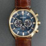 Citizen Eco-Drive Chrono gold plated blue/black dial gents watch, box and papers. 47 mm wide inc.