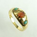 18 gold turquoise and garnet gipsy ring, 5 grams. Size O, 8.4 mm. UK Postage £12.