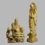 A finely carved pair of Chinese soapstone figures of sages. 30 cm. UK Postage £16.
