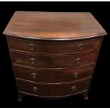 Mahogany bow front chest of four graduated drawers on splayed bracket feet. 76 w x 41 d x 89 h.