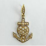 18ct gold (tested) seed pearl and enamel anchor and heart design pendant. 3 grams, 30 mm x 15.8