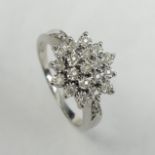 9 carat white gold diamond cluster ring, 3.8 grams. Size O, 12.6 mm wide. UK Postage £12.