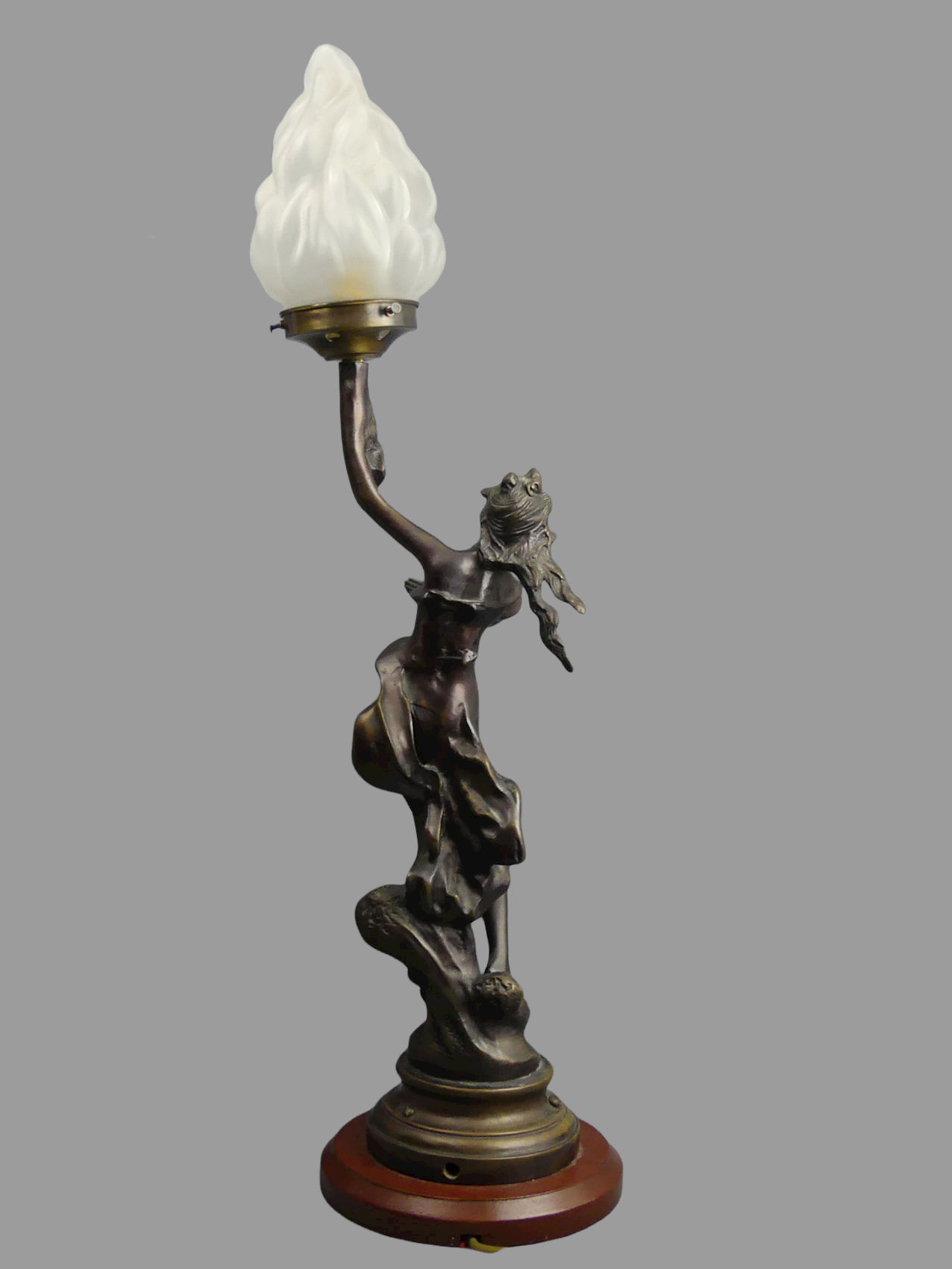 Bronze Art Nouveau style figural lamp with a glass flame shade. 75 cm. UK Postage £30. - Image 2 of 5