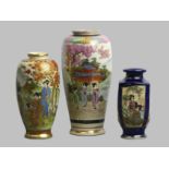 A trio of Japanese Meiji period Satsuma pottery vases, circa 1910. 22.5 cm tallest. UK Postage £16.
