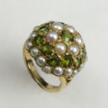 9 carat gold seed pearl and peridot ring, 7 grams. Size M, 19.2 mm wide. UK Postage £12.