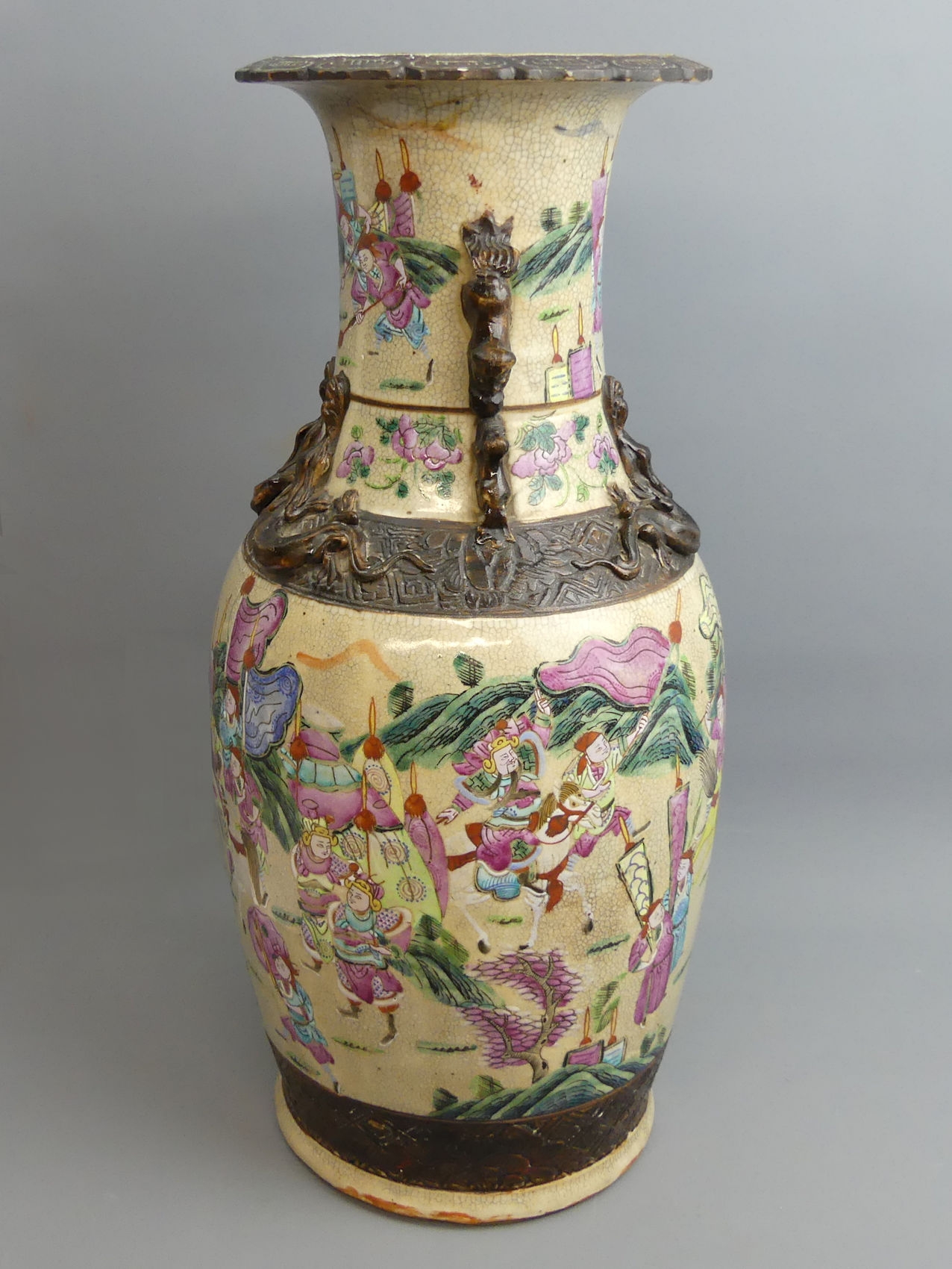 A late 19th century Chinese famille rose warrior scene crackle glaze vase. 45.5 cm. UK Postage £30. - Image 4 of 6