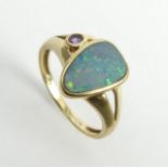 9ct gold opal doublet and amethyst ring, 2.4 grams. Size N, 12.2 mm. UK Postage £12.