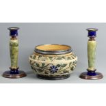 A pair of Royal Doulton candlesticks, a Doulton Lambeth fruit bowl dated 1881. Candlesticks 21cm