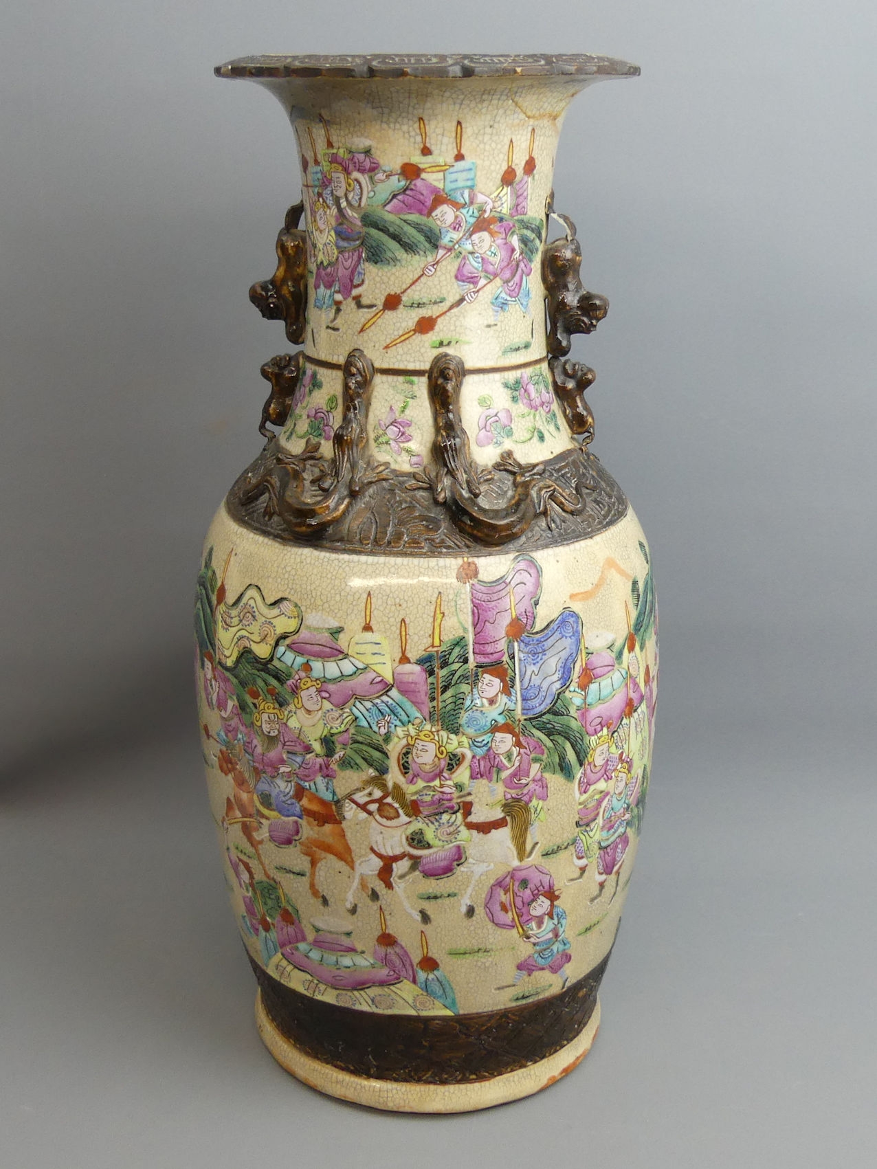 A late 19th century Chinese famille rose warrior scene crackle glaze vase. 45.5 cm. UK Postage £30. - Image 3 of 6