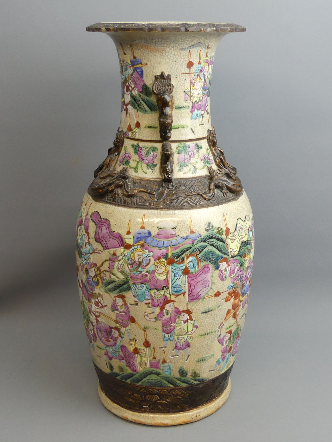 A late 19th century Chinese famille rose warrior scene crackle glaze vase. 45.5 cm. UK Postage £30. - Image 2 of 6
