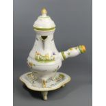 French faience pottery hand painted wine pot and stand, 38 cm high. UK Postage £16.