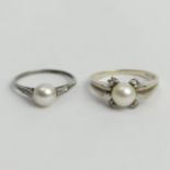 14ct white gold cultured pearl and diamond ring, along with an unmarked example. 5.6 grams. Q 1/