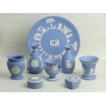 Eight items of Wedgwood blue Jasperware pottery items. UK Postage £15.