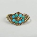 Victorian 9ct gold turquoise and seed pearl ring, Birm.1869, 1.5 grams. Size L, 9.8 mm wide. UK