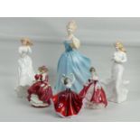 Six Royal Doulton china figurines - Loving you, Southern Belle, Thank you, Karen, Top O The Hill and