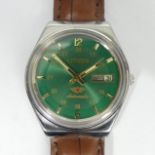Vintage Citizen day, date adjust green dial auto wind watch on a leather strap. 36 mm wide inc.