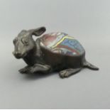 A Chinese bronze and Champleve enamel model of a hare. 9.5 x 5 cm. UK Postage £12.
