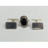 Silver and marcasite ring size M 1/2 and a pair of silver tablet cufflinks. 24 grams. UK Postage £