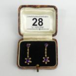 Gold amethyst and seed pearl drop earrings, 14ct gold butterflies, 3.3 grams. 32 mm long, 10.1 mm