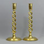 A pair of Victorian open barley twist brass candlesticks. 30 cm. UK Postage £15.