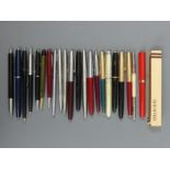 A cigar box of various vintage pens, mostly Parker. UK Postage £12.