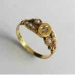 18ct gold seed pearl and diamond ring, Birm.1904, 3.1 grams. Size P, 7 mm. UK Postage £12.