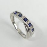 9ct white gold sapphire and diamond ring, 2.3 grams. Size L 1/2, 5.3 mm. UK Postage £12.